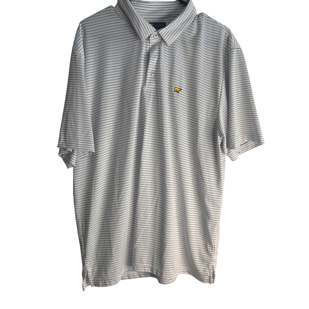 Jack Nicklaus Mens XL Golden Bear Golf Polo Shirt White Navy Blue Striped Logo